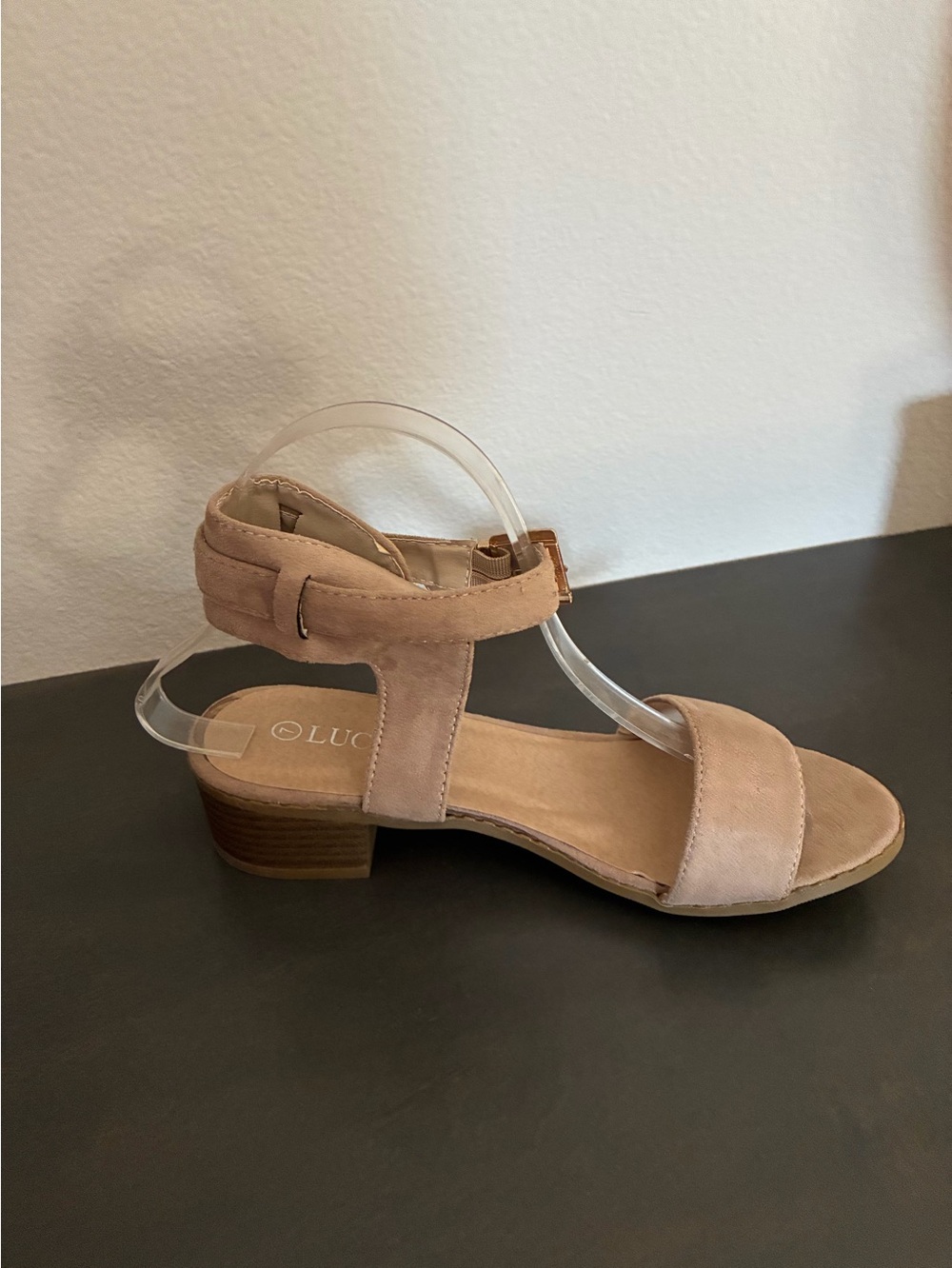 Suede Ankle-Strap Block Heel Sandal in Nude